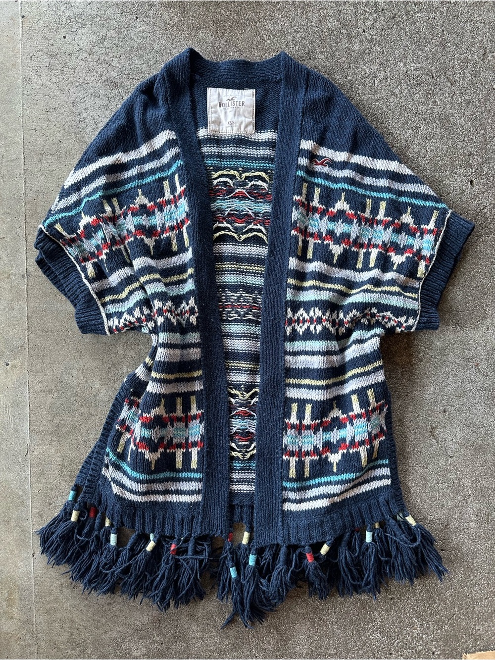 Hollister Boho Aztec Long Open Front Fringe Cardigan Sweater